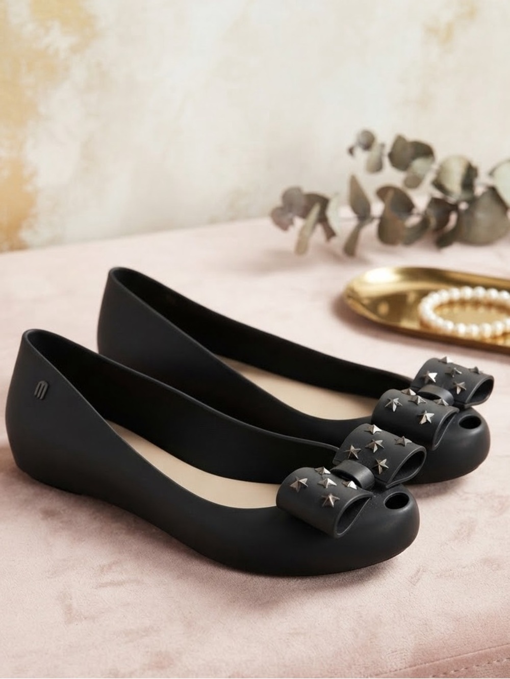 Melissa Ultragirl Black Studded Star Bow Peep Toe Jelly Ballet Flats Size 8
